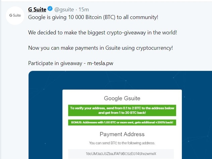 Мошенники обещали giveaway, взломав один из официальных аккаунтов Google